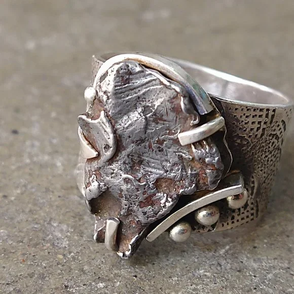 Vintage Sterling Silver Ring Size 12 Meteorite Modern Abstract Avant Garde